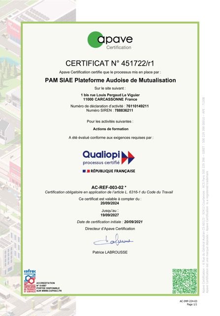 Certificat Qualiopi PAM SIAE 11 délivré par Apave Certification pour les actions de formation